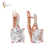 Solitaire white CZs with paved white CZs Rose Gold two tone Russian Lock Earrings