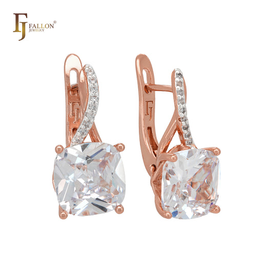 Solitaire white CZs with paved white CZs Rose Gold two tone Russian Lock Earrings