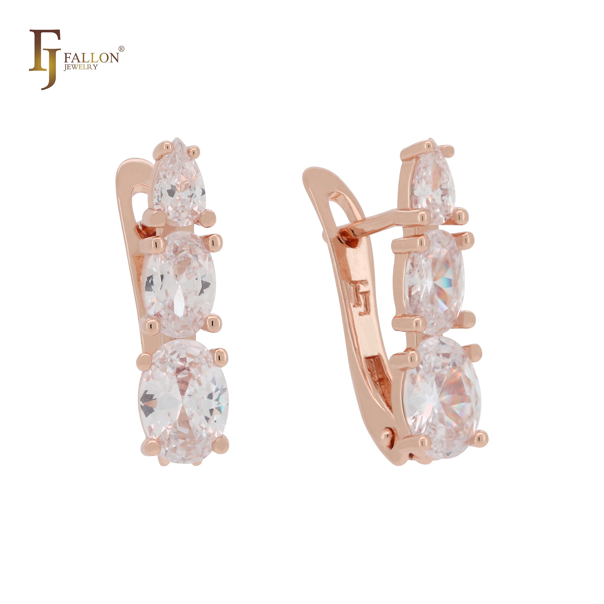 Parallel triple ocean blue CZs 14K Gold Russian Lock Earrings
