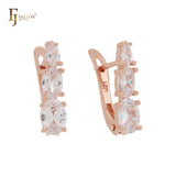 Parallel triple ocean blue CZs 14K Gold Russian Lock Earrings