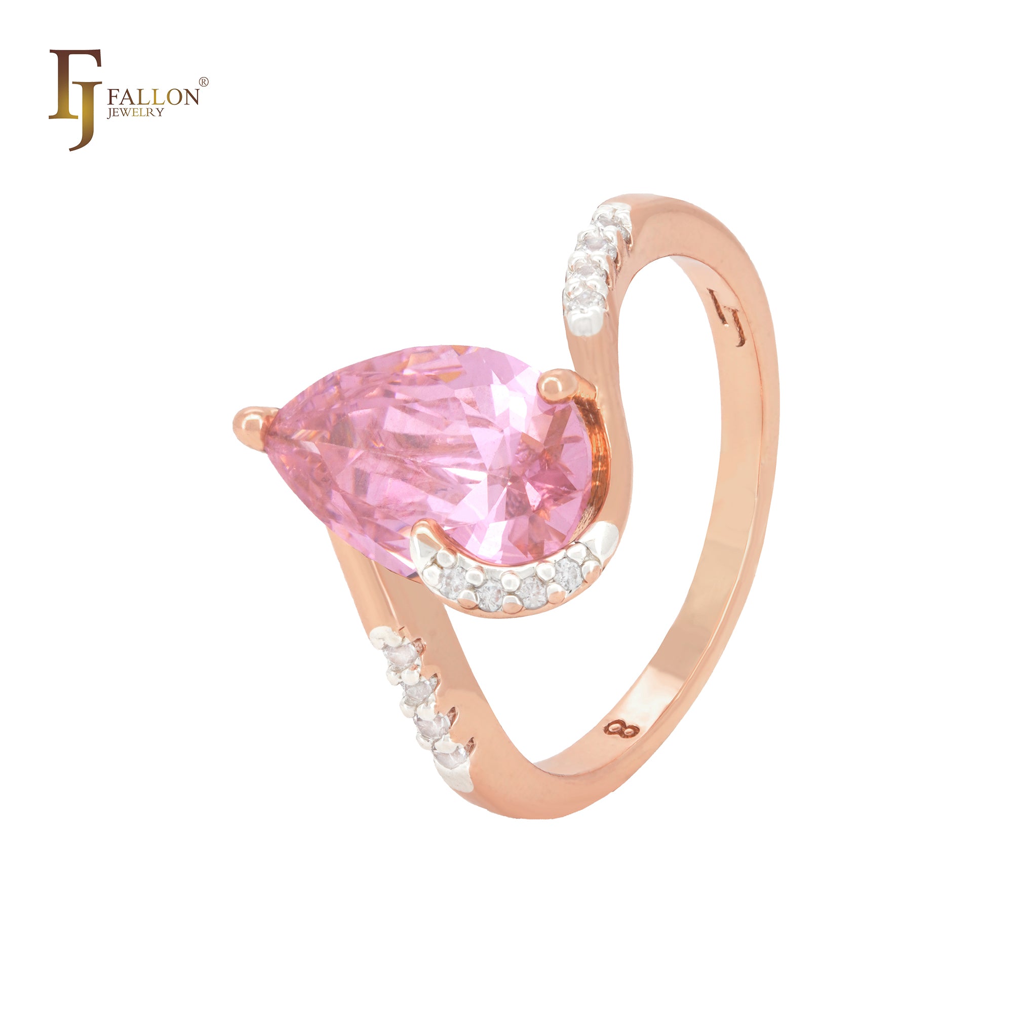 Anéis solitários em formato de pera com zircônias cúbicas rosa e zircônias cúbicas brancas em ouro rosa em dois tons