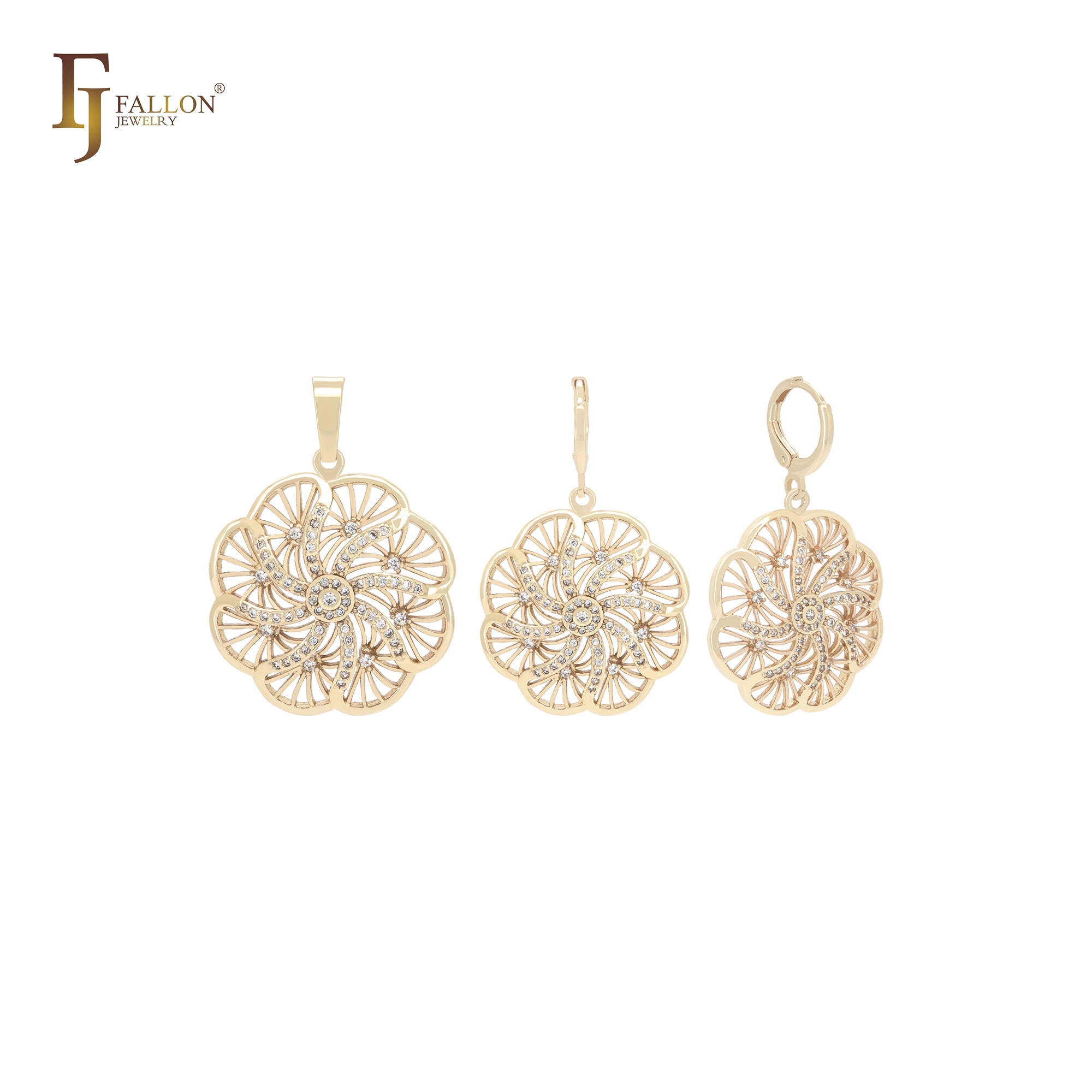 Conjunto de joias de ouro 14K com pingente em forma de floco de neve branco com caleidoscópio radioativo giratório