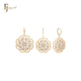 Conjunto de joias de ouro 14K com pingente em forma de floco de neve branco com caleidoscópio radioativo giratório