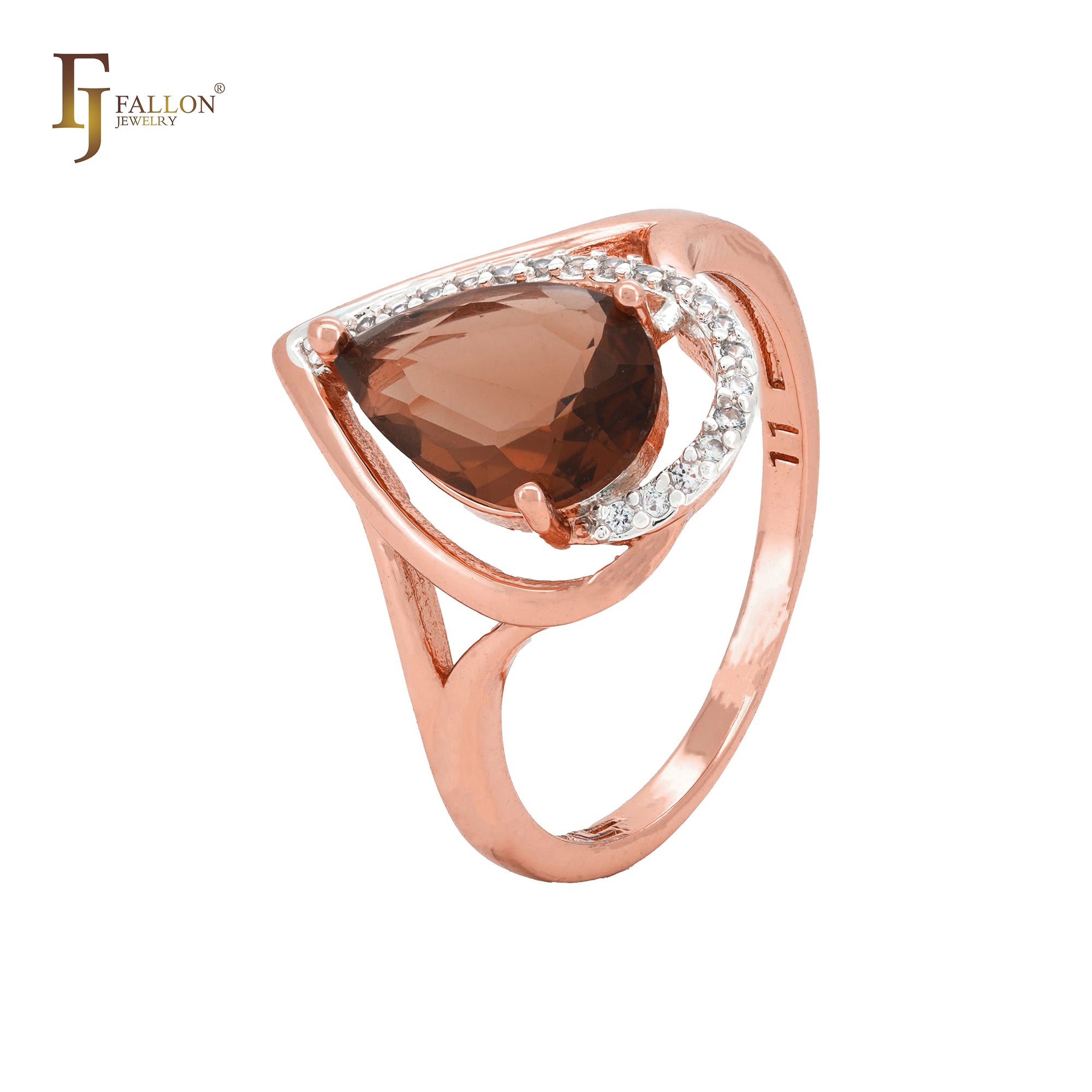 Tropfenförmiger Kaffeestein mit weißen Zirkonia, zweifarbige Moderinge aus Roségold