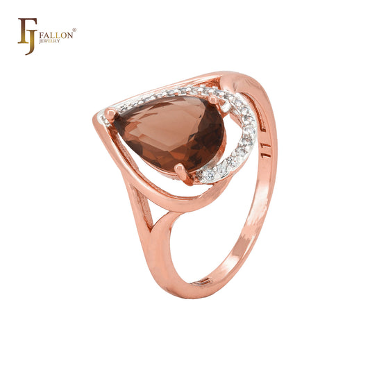 Anéis da moda em dois tons de ouro rosa com pedra de café em formato de lágrima e zircônias cúbicas brancas
