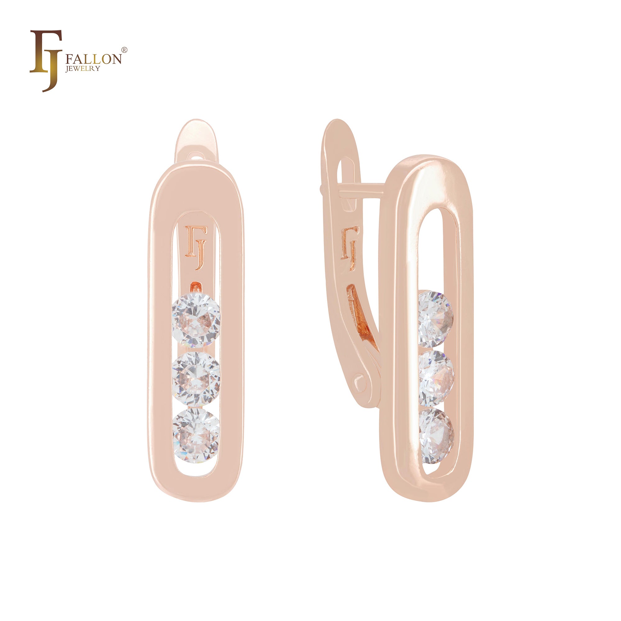 PaperClip of Triple white CZs Rose Gold Russian Lock Earrings