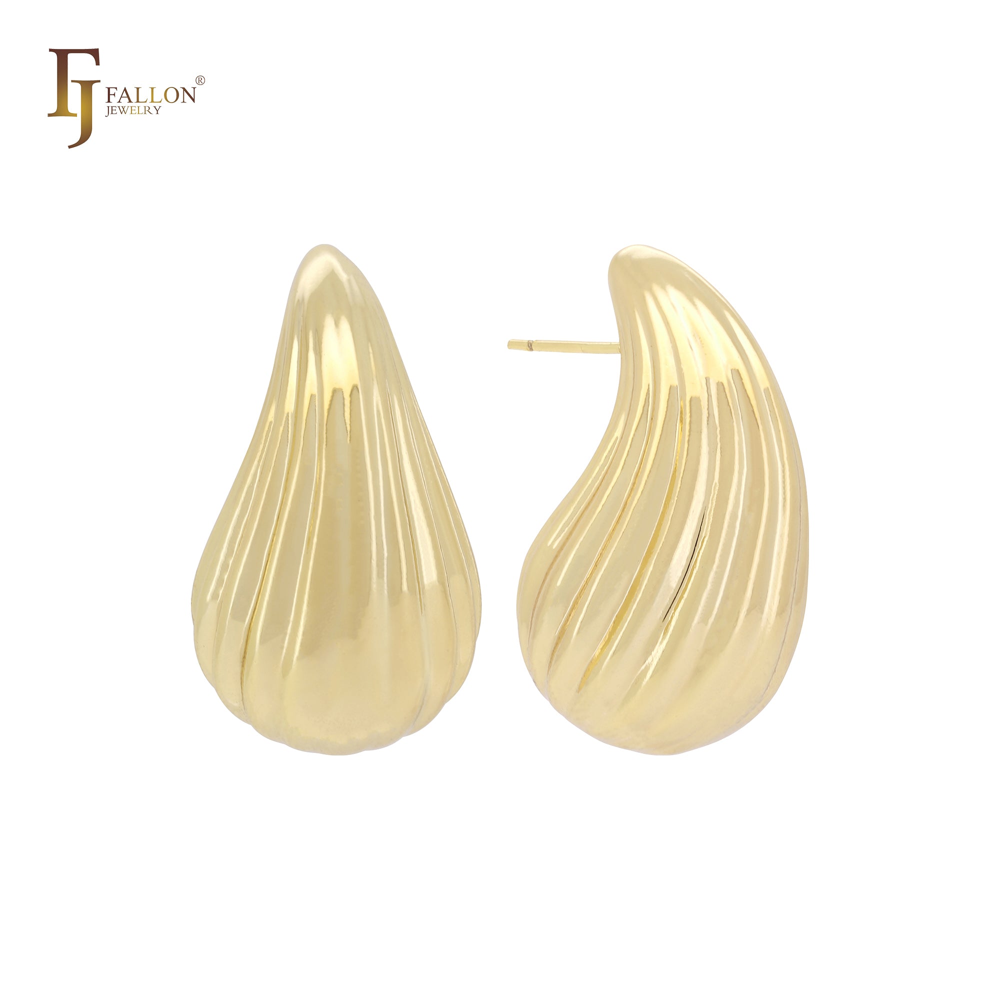 Brincos de pino em formato de lágrima curvada e texturizada em ouro 14K, ouro rosa e ouro branco
