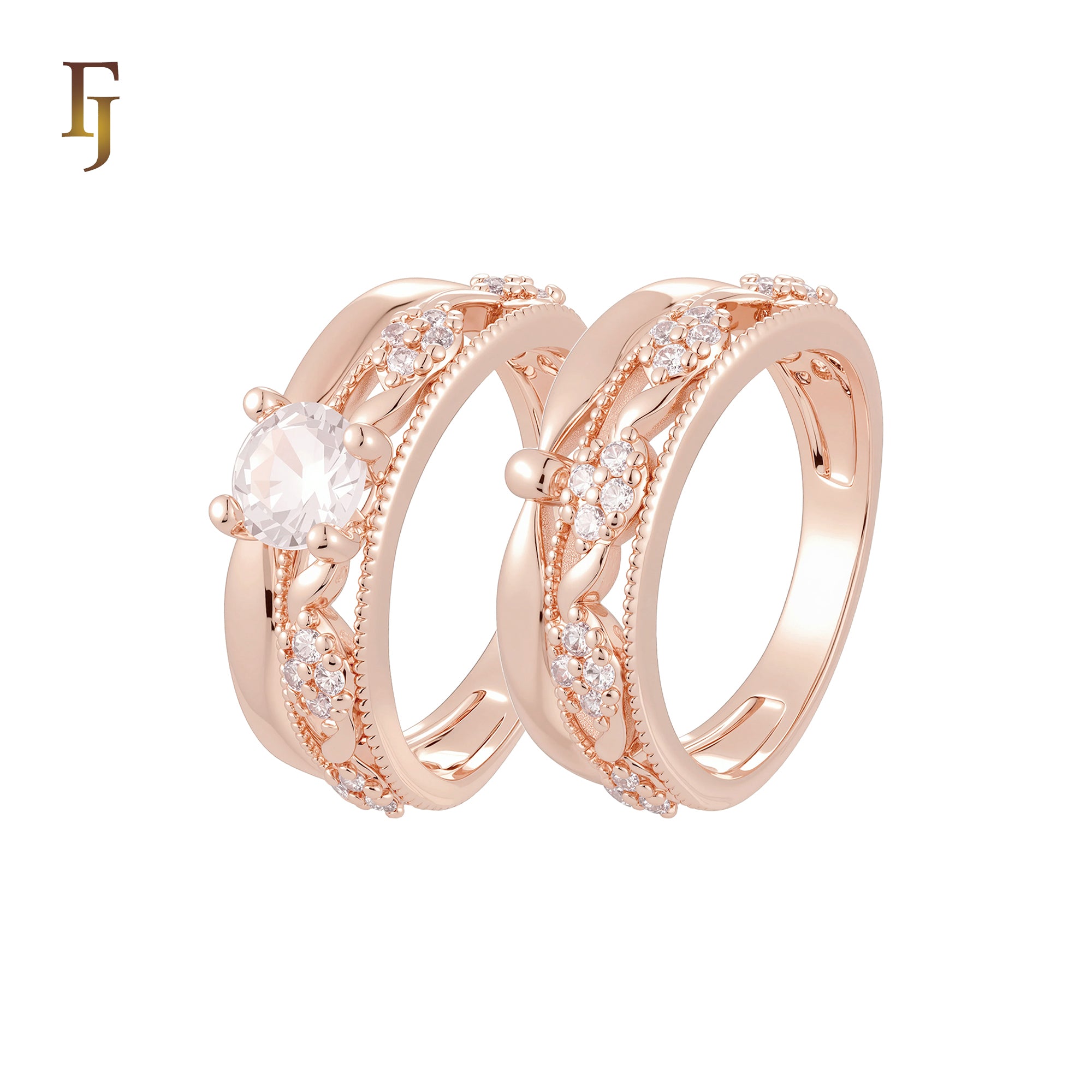 Leaves of white Czs cluster 14K Gold, Rose Gold Wedding Set Rings Engagement and Band