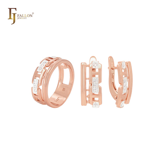 Conjunto de joyas de dos tonos en oro rosa con diseño de riel de eslabones de cadena y anillos