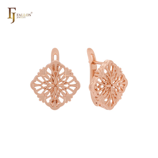 Double layers filigree flower Rose Gold Russian Lock Earrings