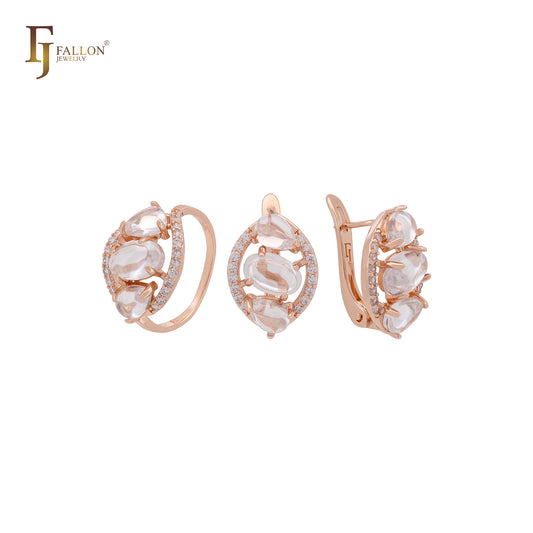 Triple Opaque Rounded CZs Rose Gold Jewelry Set with Rings