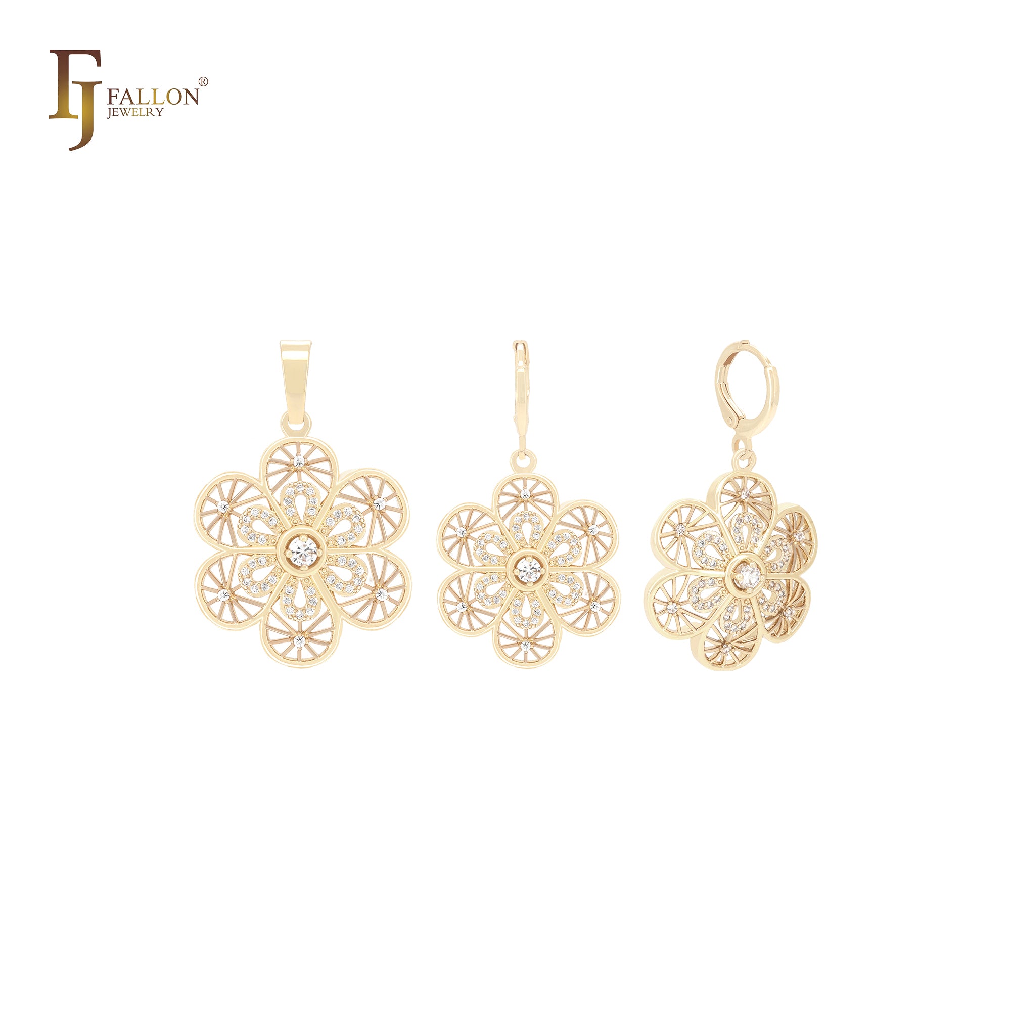 Conjunto de joias de ouro 14K com pingente e flocos de neve radioativos de CZs brancos