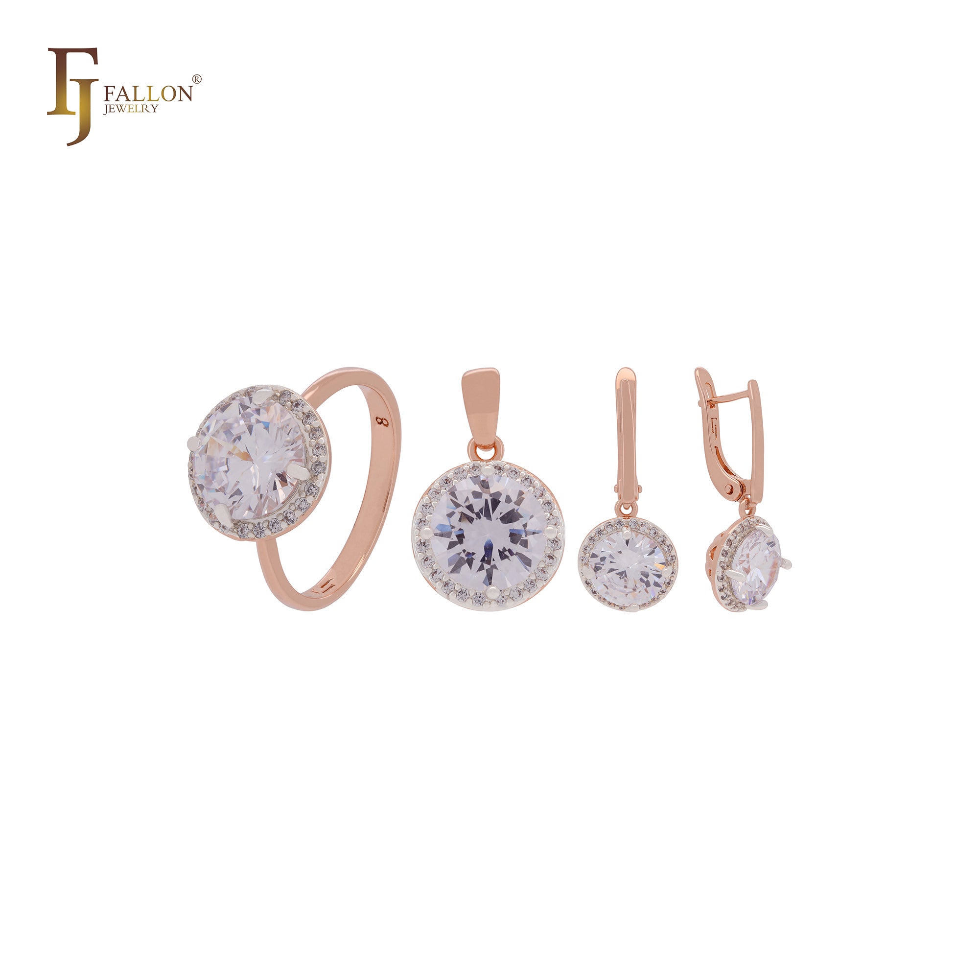 Conjunto de joyas Halo Giant Rounded White Solitaire CZ en oro rosa de dos tonos con anillos y colgante