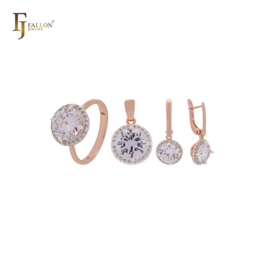 Conjunto de joyas Halo Giant Rounded White Solitaire CZ en oro rosa de dos tonos con anillos y colgante