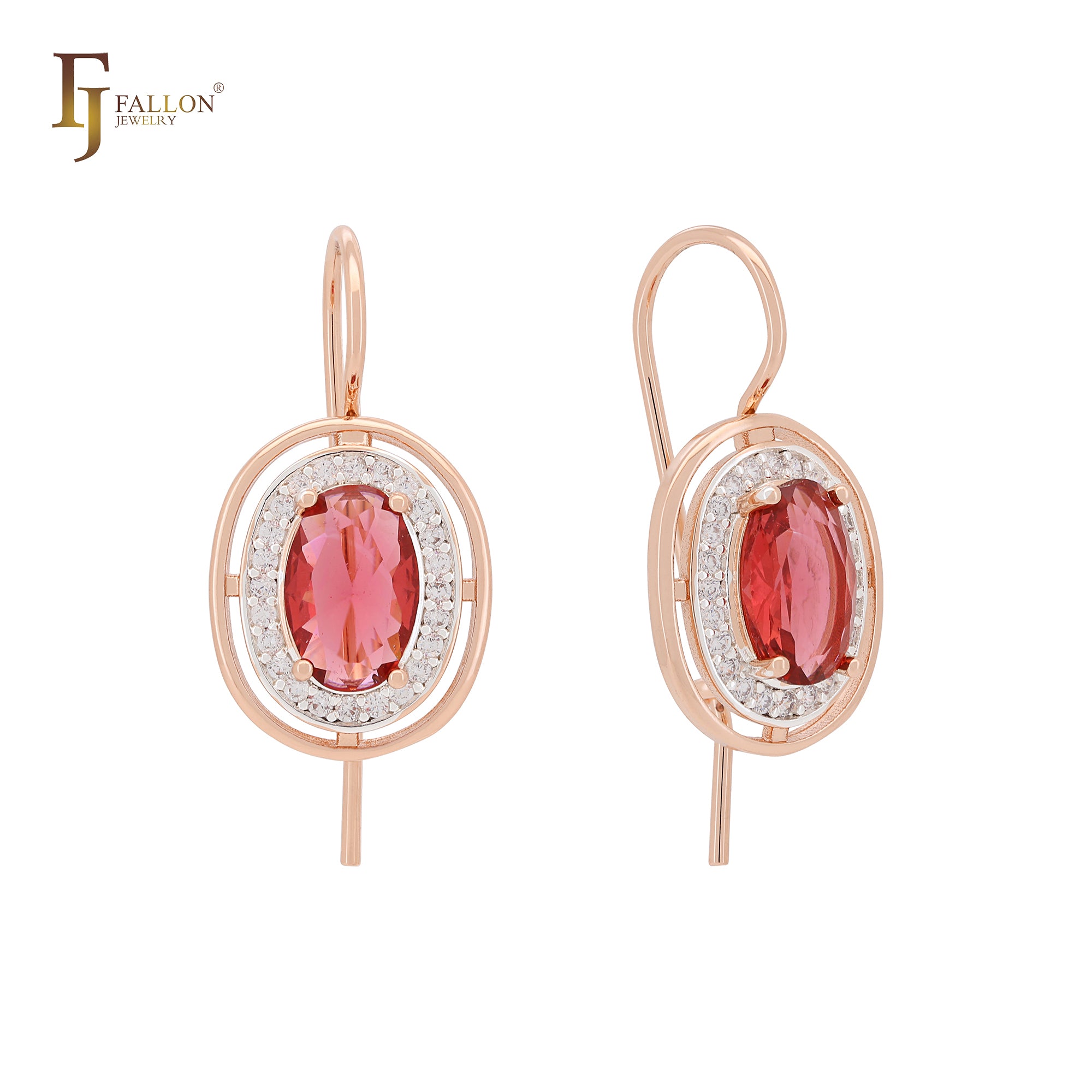Solitaire halo Oval CZs Rose Gold two tone Wire Hook Earrings