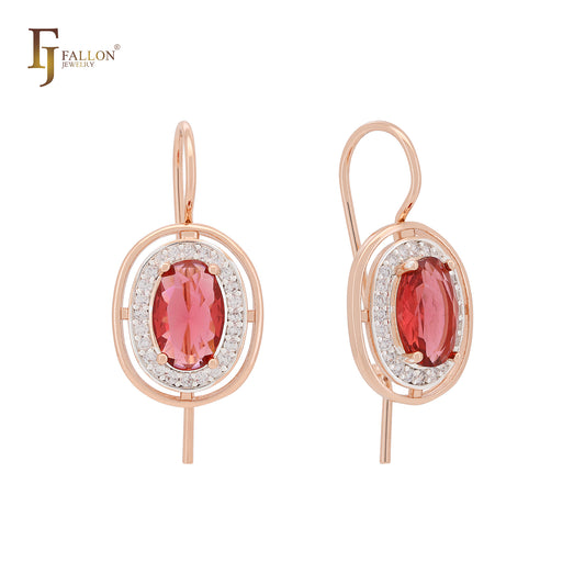 Solitaire halo Oval CZs Rose Gold two tone Wire Hook Earrings