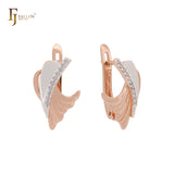 Elegant dancing ribbon of white CZs Rose Gold two tone Russian Lock Earrings