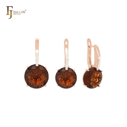 Conjunto de joias coloridas gigantes redondas com zircônias cúbicas e zircônias cúbicas brancas em ouro rosa e dois tons com pingente
