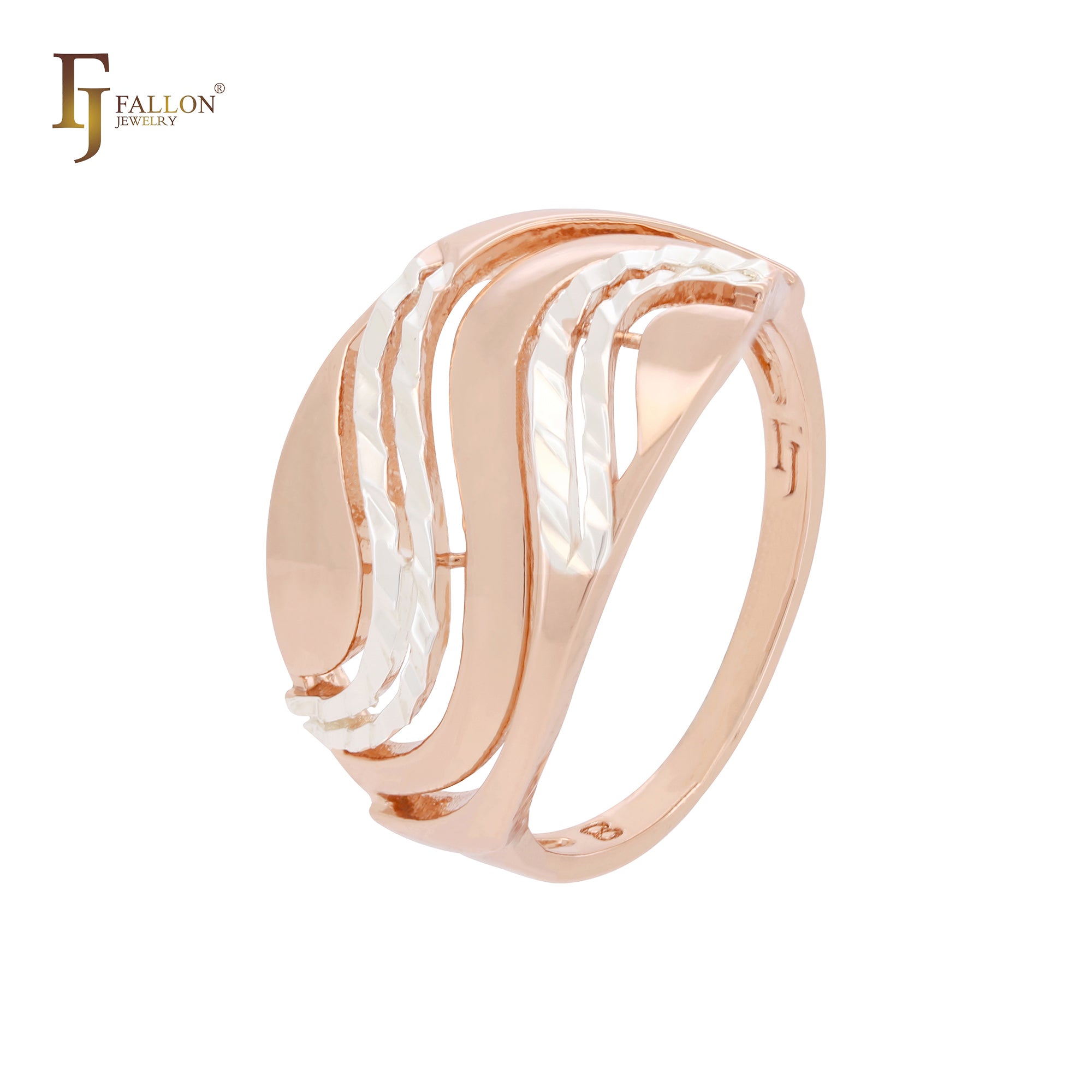 Gebogene, gewellte, geometrische Reihen, zweifarbige Moderinge aus Roségold