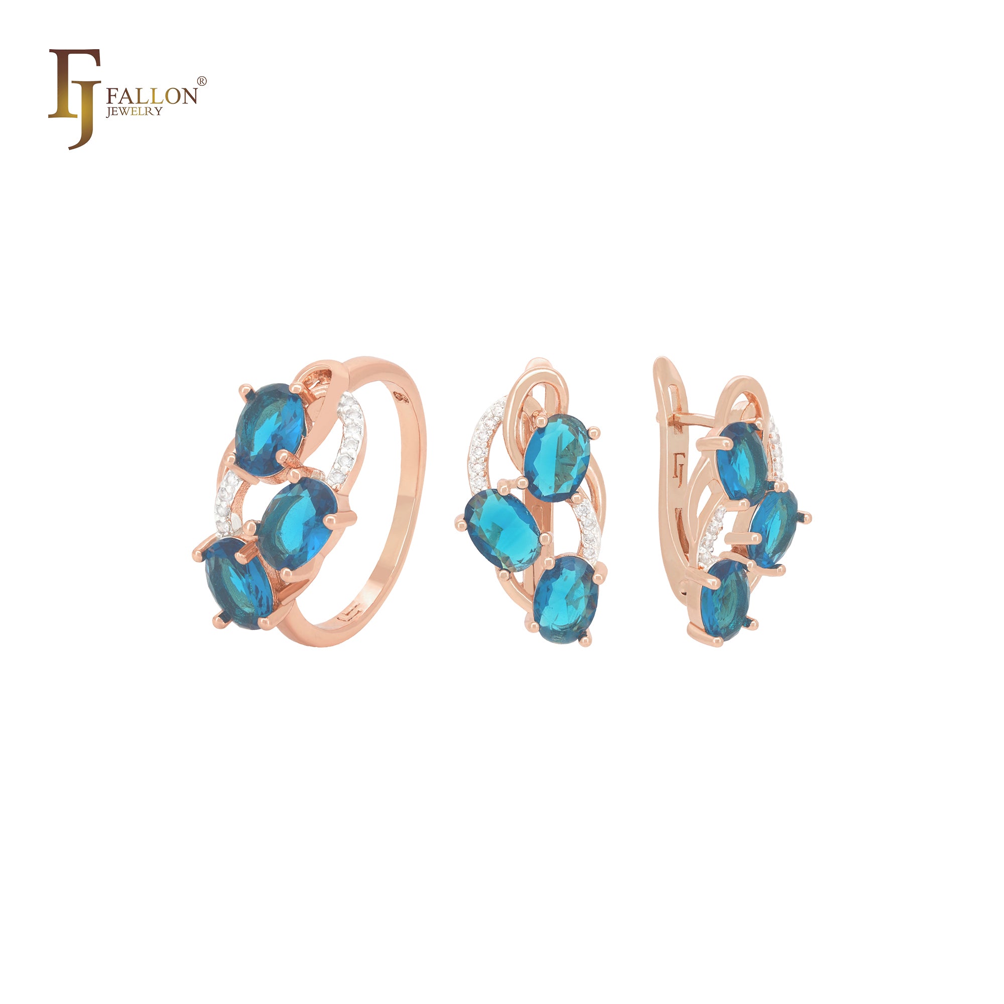 Conjunto de joias em dois tons com três zircônias cúbicas azuis-oceano e anéis em ouro rosa