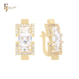 Triple baguette lake blue CZs cluster 14K Gold, Rose Gold Russian Lock Earrings