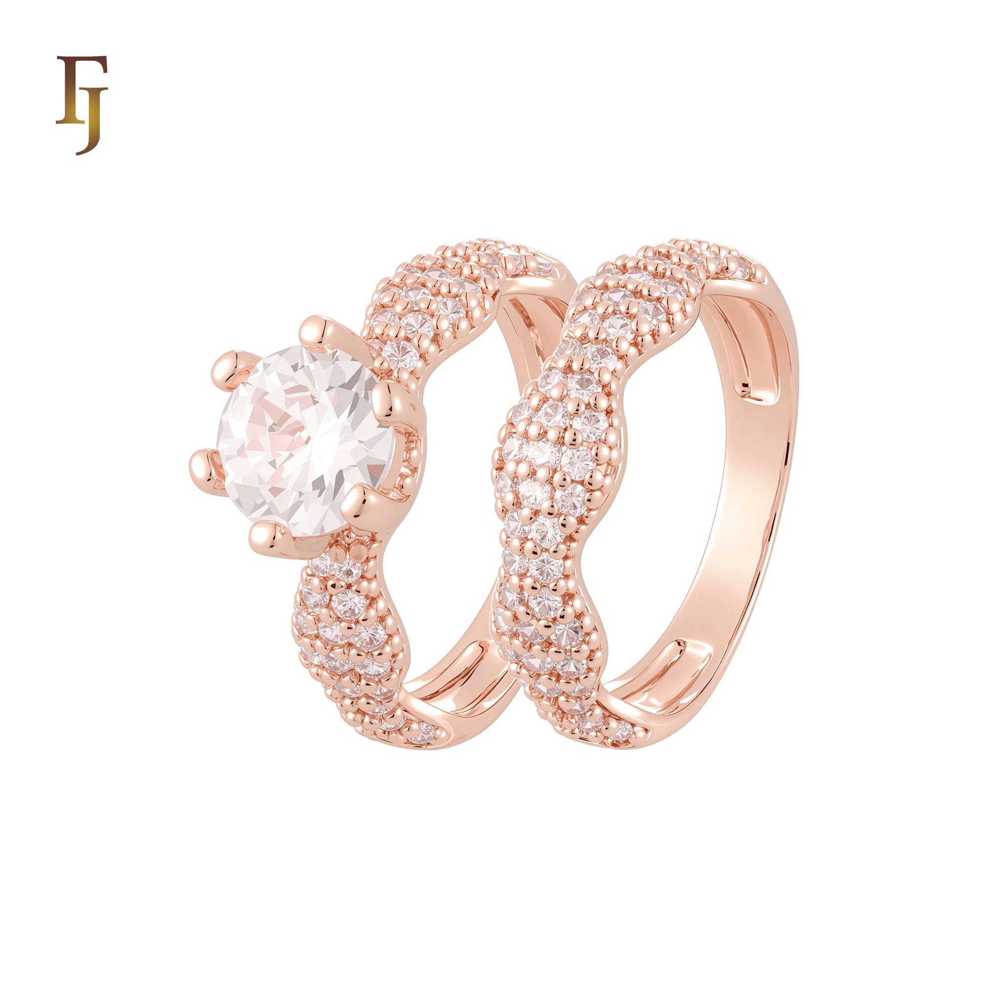 Wavy luxurious White CZs 14K Gold, Rose Gold Wedding Set Rings Engagement and Band