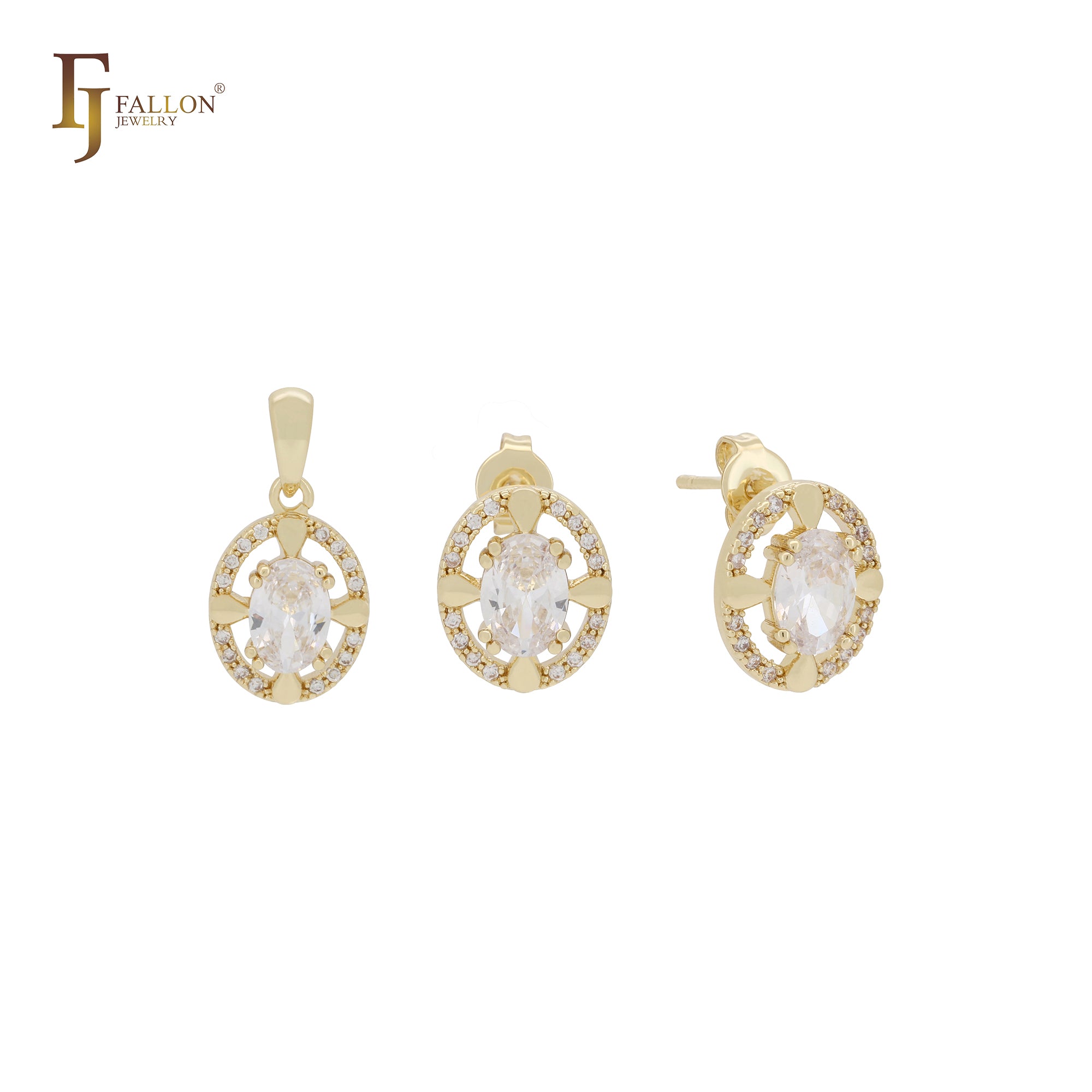 Kleines ovales Solitär-Schmuckset aus 14 Karat Gold mit weißem Zirkonia-Cluster, Anhänger und Ohrstecker
