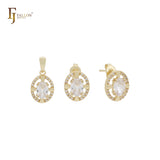 Kleines ovales Solitär-Schmuckset aus 14 Karat Gold mit weißem Zirkonia-Cluster, Anhänger und Ohrstecker