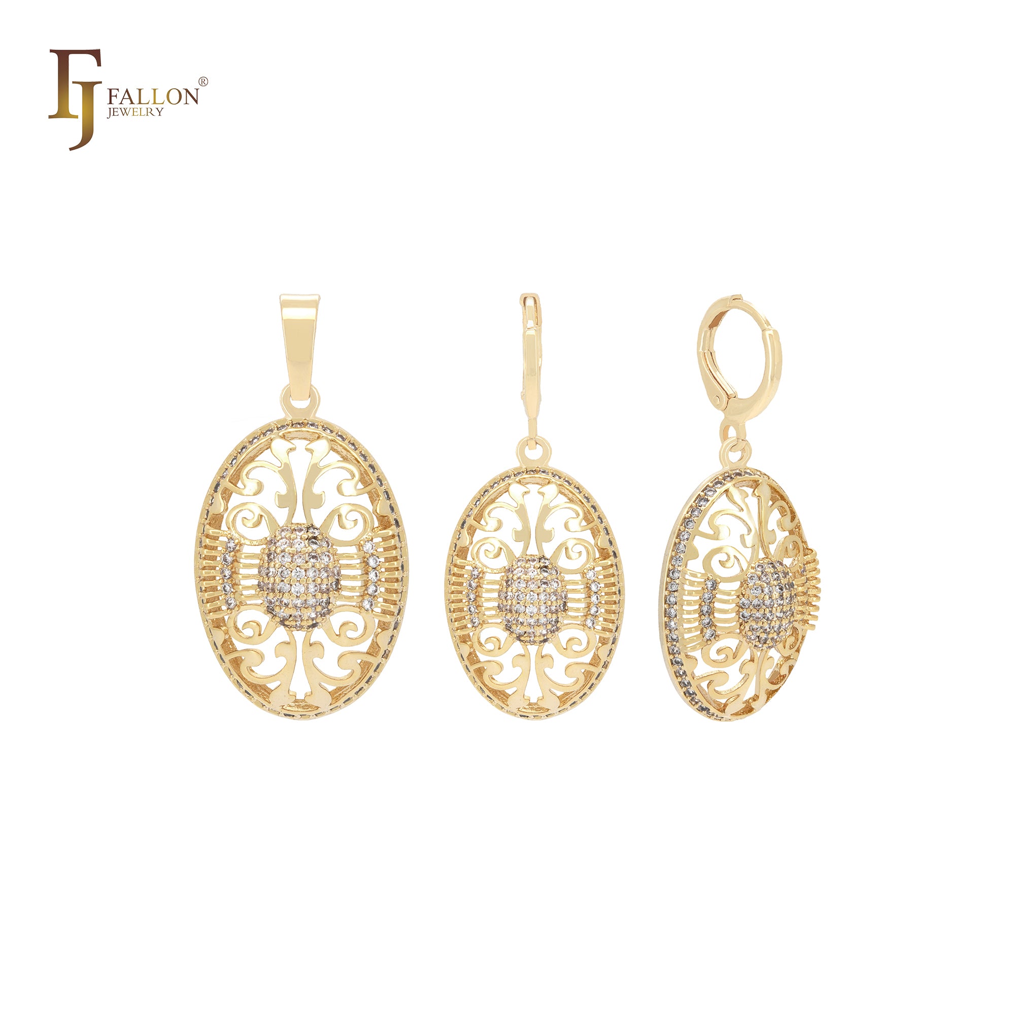Conjunto de joias de ouro 14K com pingente de filigrana oval de zircônias cúbicas brancas