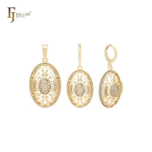 Conjunto de joias de ouro 14K com pingente de filigrana oval de zircônias cúbicas brancas