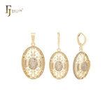 Conjunto de joias de ouro 14K com pingente de filigrana oval de zircônias cúbicas brancas