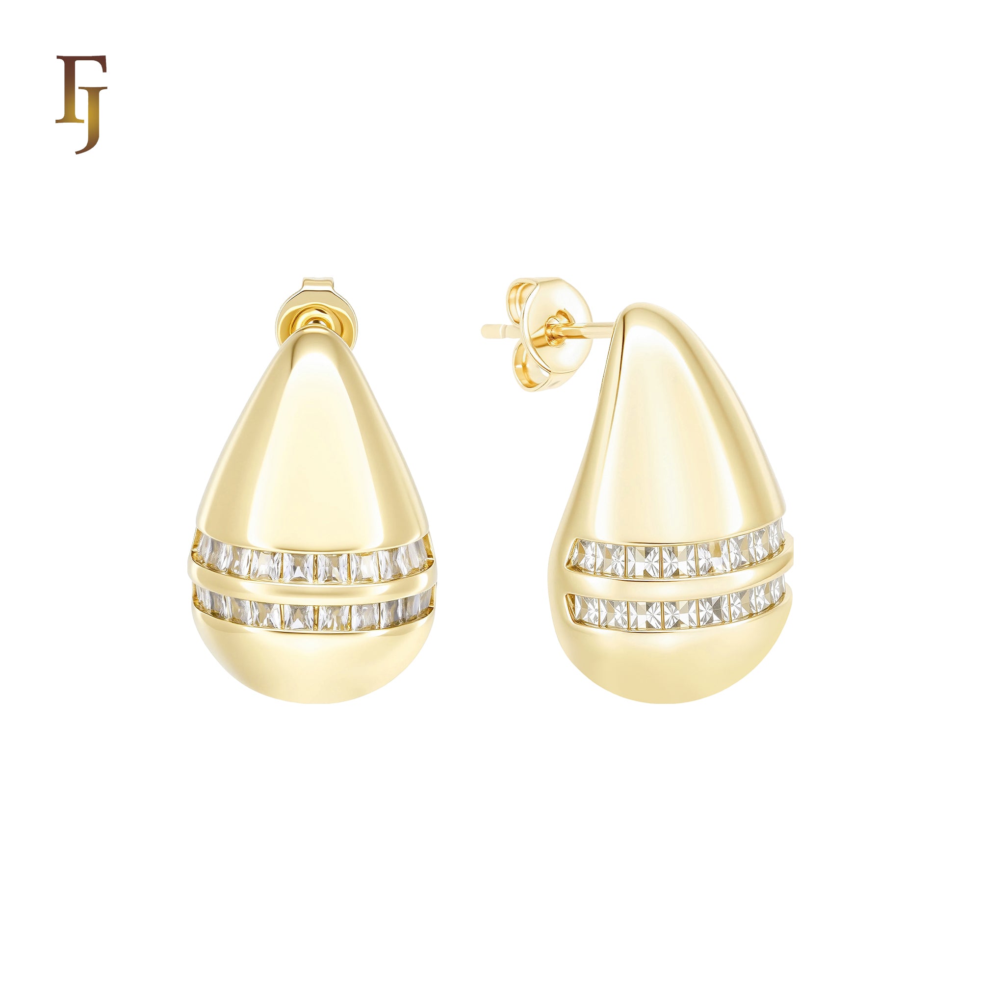 Drop Double paved white CZs 14K Gold, Rose Gold Stud Earrings