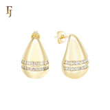 Drop Double paved white CZs 14K Gold, Rose Gold Stud Earrings