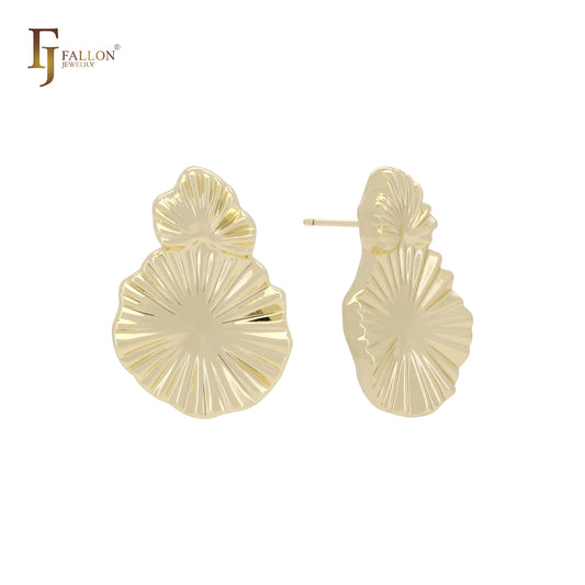 Pendientes de botón con forma de hoja de loto doble en oro de 14 quilates, oro rosa y oro blanco.