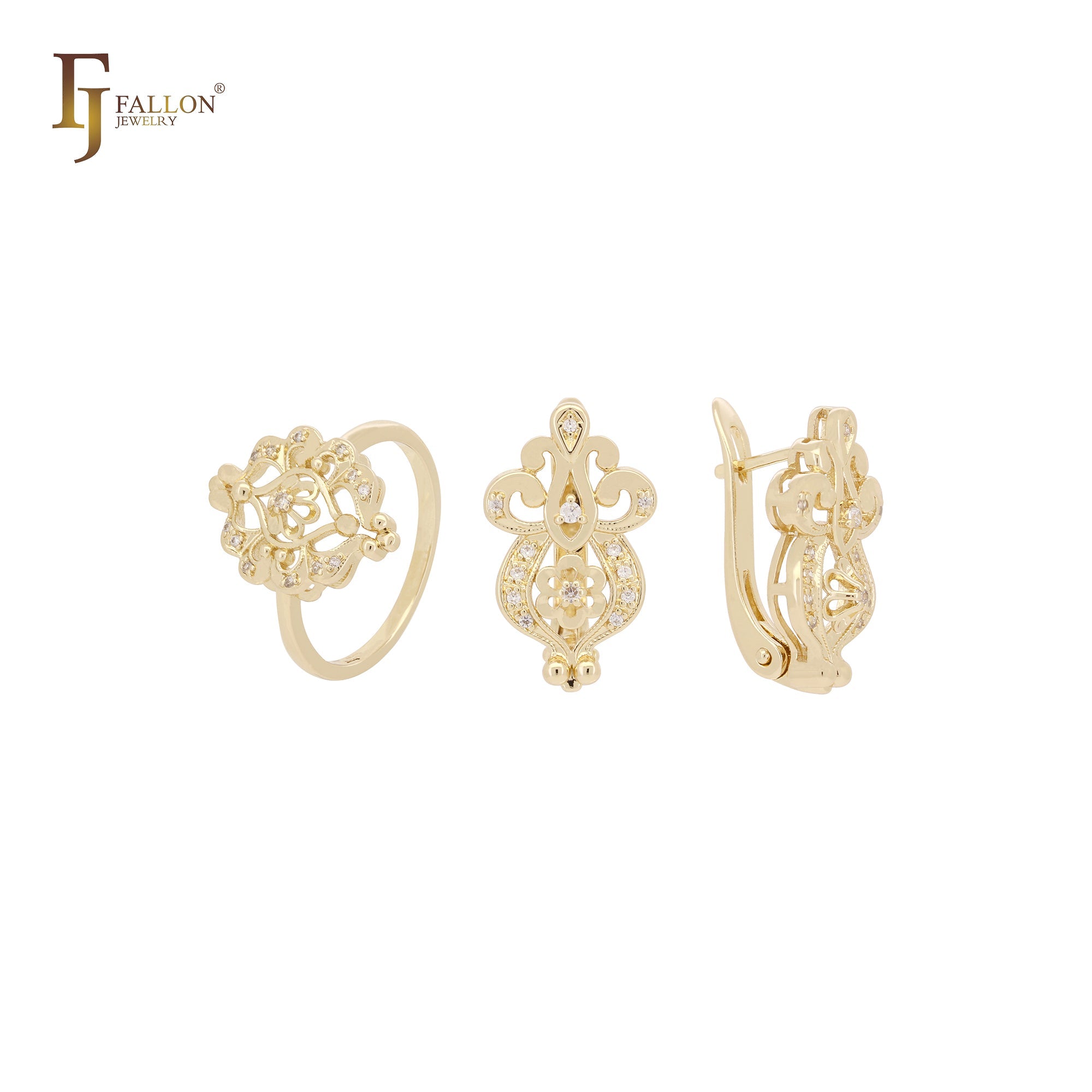 Filigranes Cluster weißer Zirkonia 14 Karat Gold, Roségold-Schmuckset mit Ringen