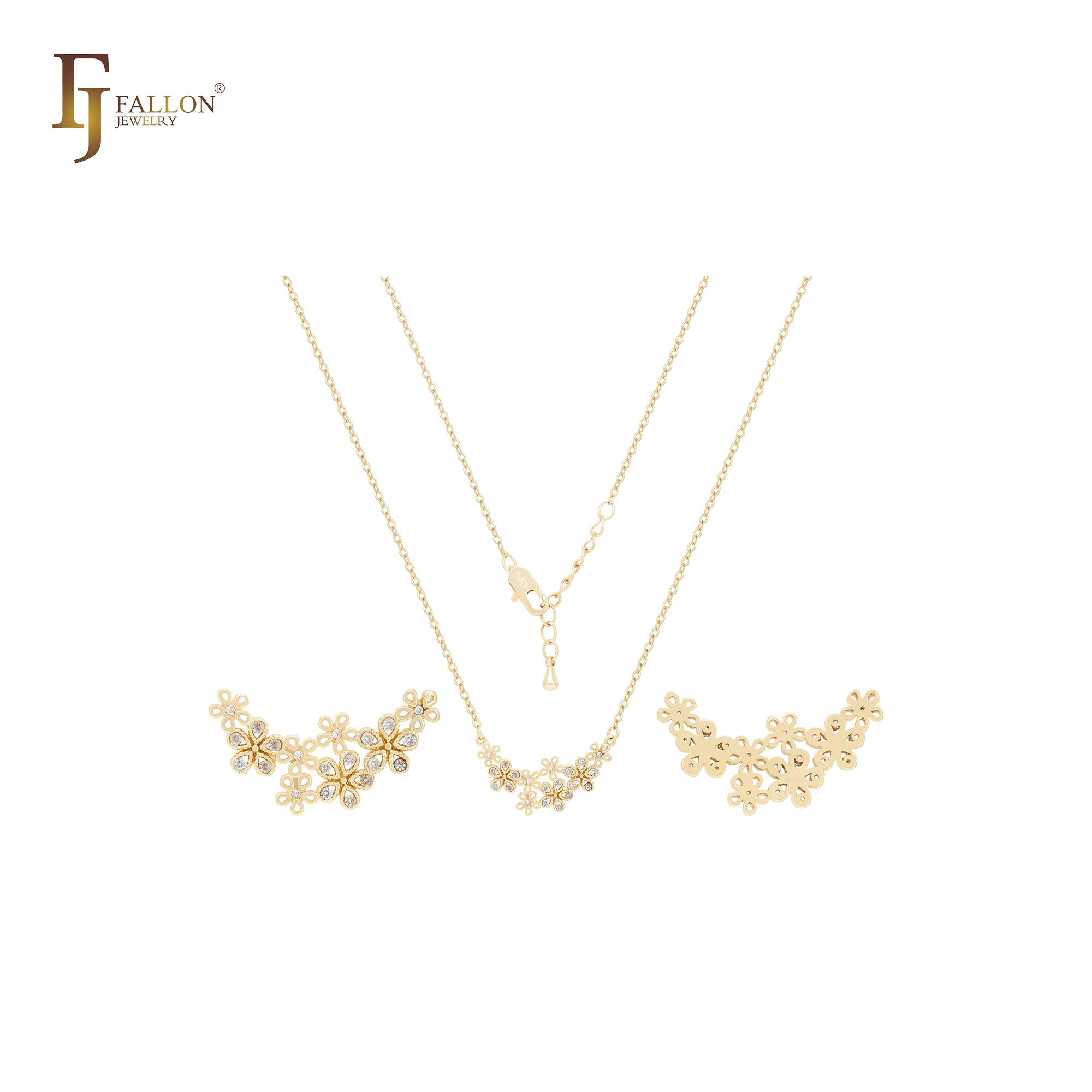Fancy five petals of snowflakes and white CZs 14K Gold Necklace
