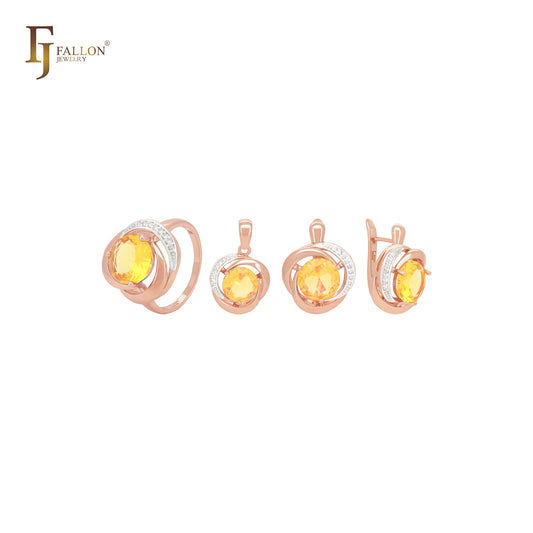 Conjunto de joyas en dos tonos de oro rosa con solitario de circonitas cúbicas naranjas y moradas y circonitas blancas, anillos y colgante.