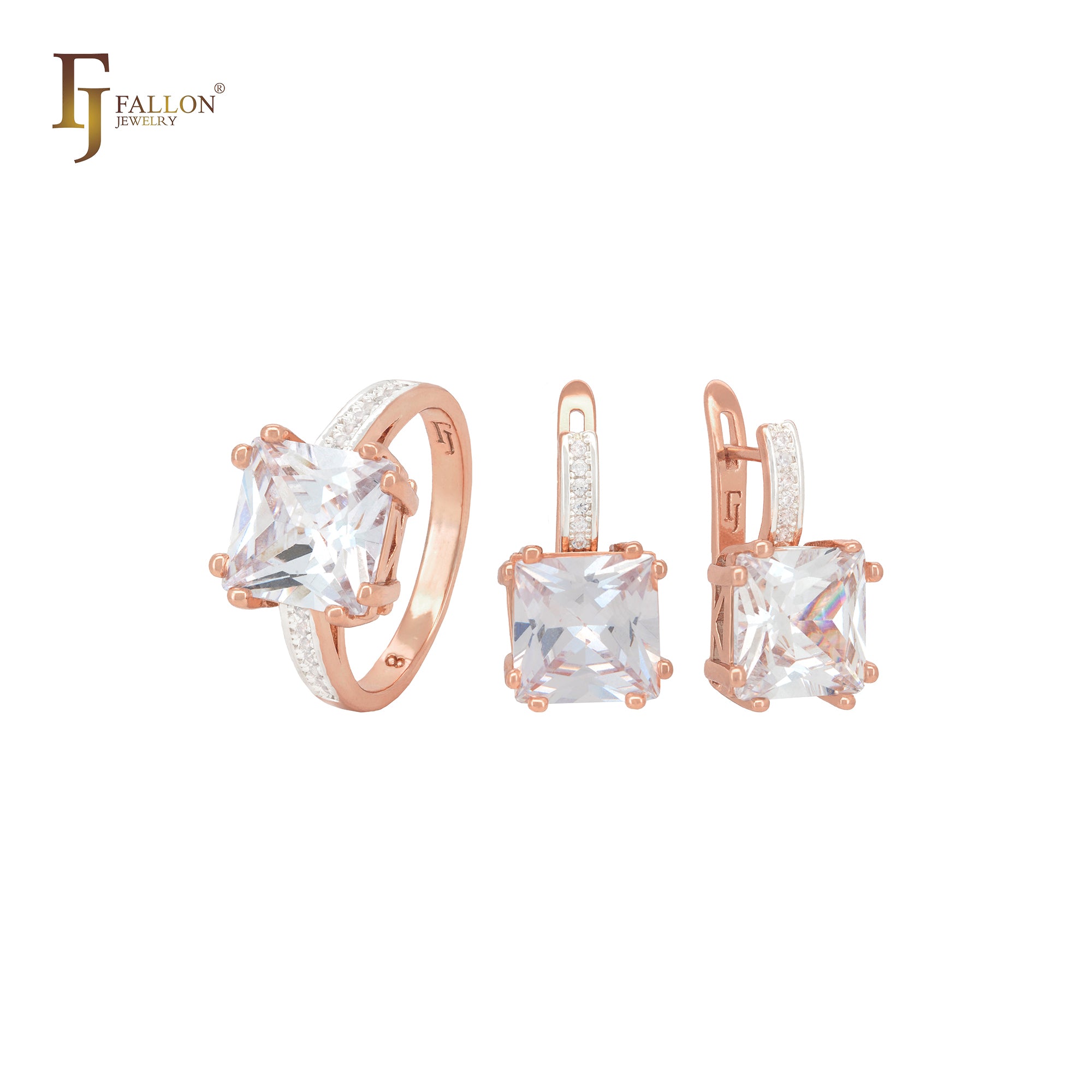 Conjunto de joias em ouro rosa com anéis e zircônia cúbica quadrada branca ou azul com zircônias cúbicas brancas pavimentadas