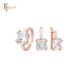Conjunto de joias em ouro rosa com anéis e zircônia cúbica quadrada branca ou azul com zircônias cúbicas brancas pavimentadas