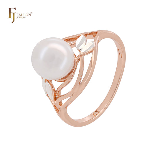 Pearl of silver leaves Rose Gold two tone Fashion Rings