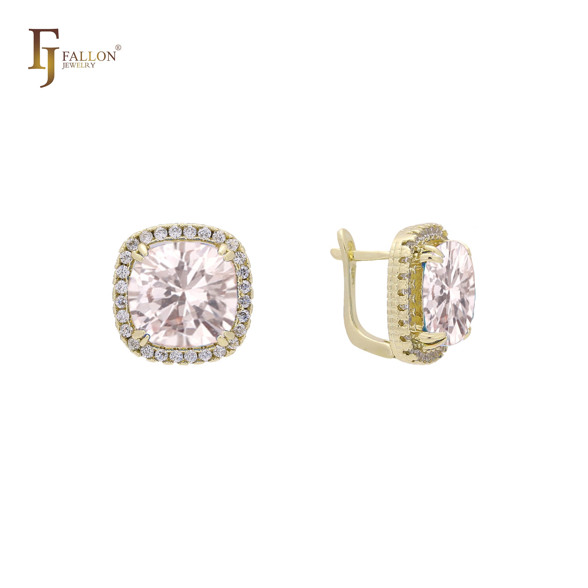Halo Solitaire 大宝石耳环，14K 金、18K 金、玫瑰金镀层