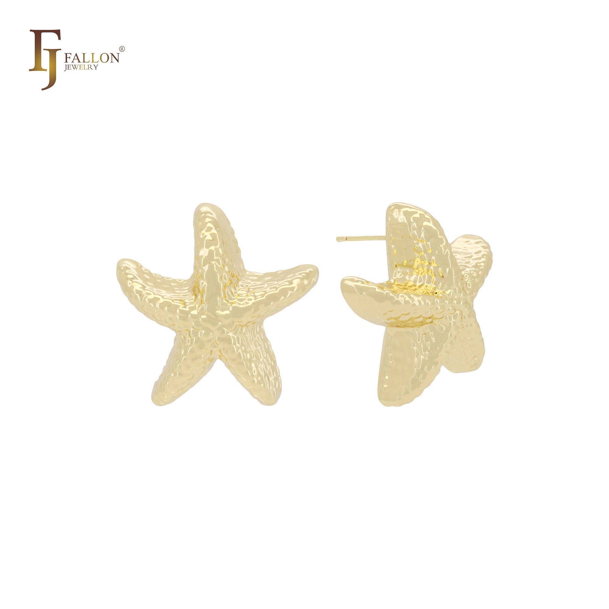 Brincos de pino em formato de estrela do mar com textura irregular em ouro 14K, ouro rosa e ouro branco