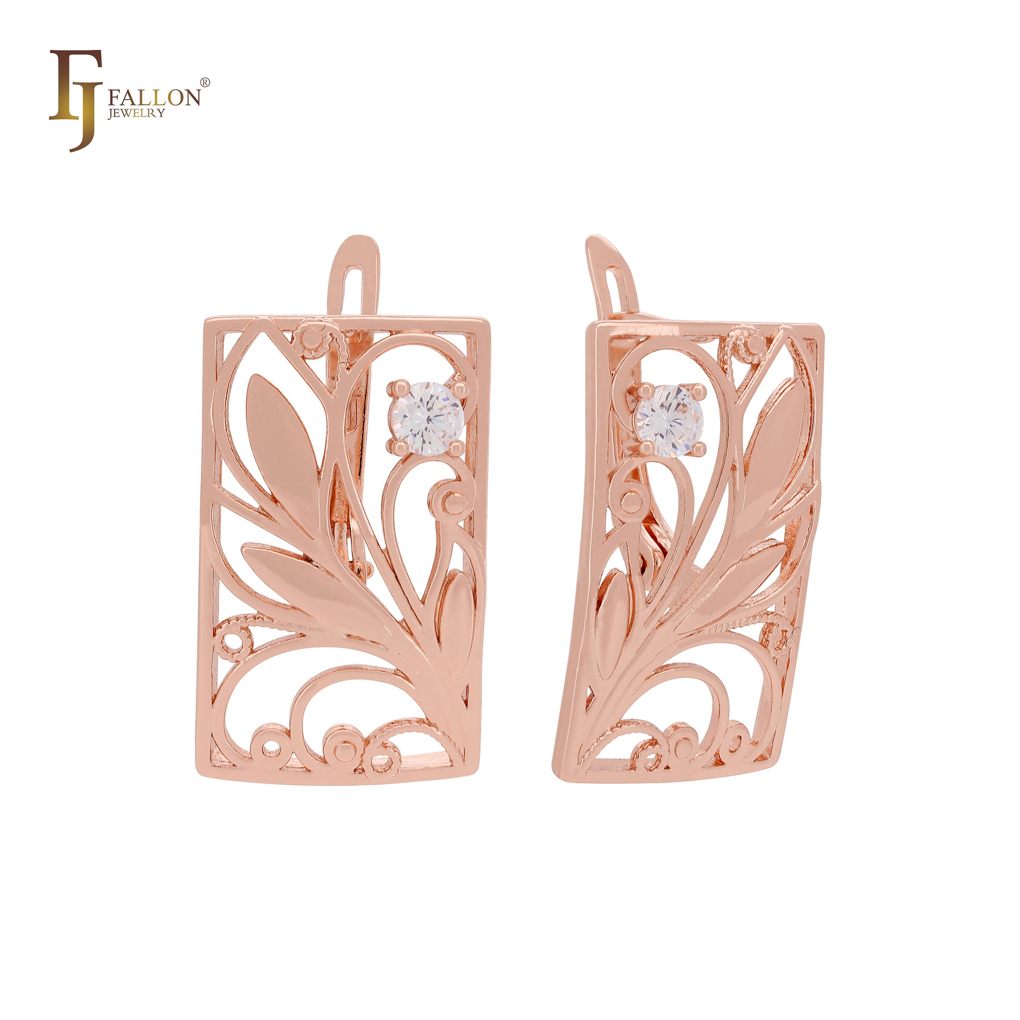 Squared Filigree of leaves and branches Rose Gold Russian Lock Earrings