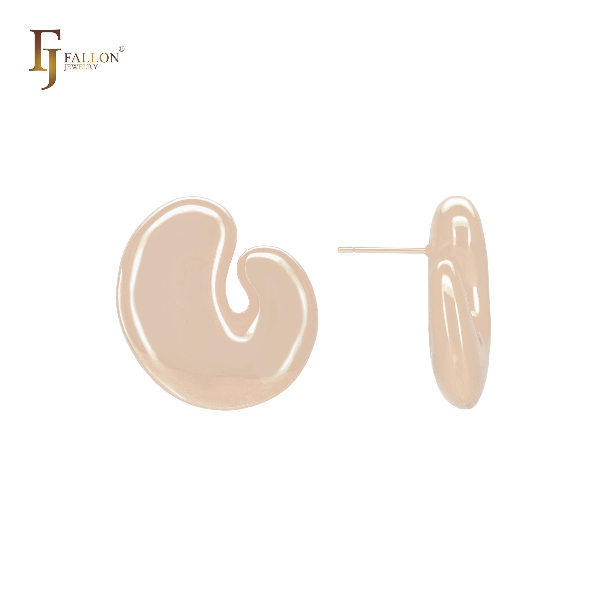 Irregular glossy u shaped rounded head 14K Gold, Rose Gold, White Gold Stud Earrings