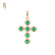Luxurious six Halo Emerald stone of white CZs 14K Gold Cross Pendant Latin
