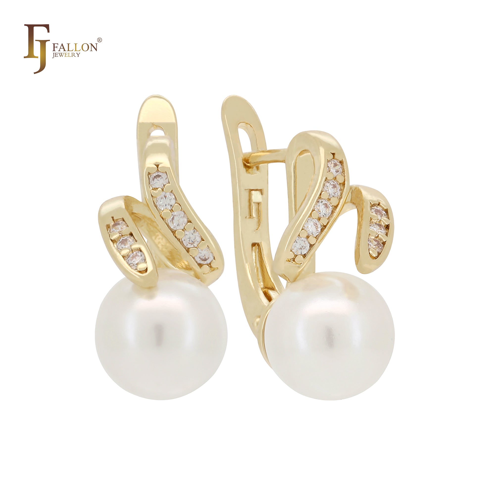 Pearl covered white CZs Rose Gold, 14K Gold Russian Lock Earrings