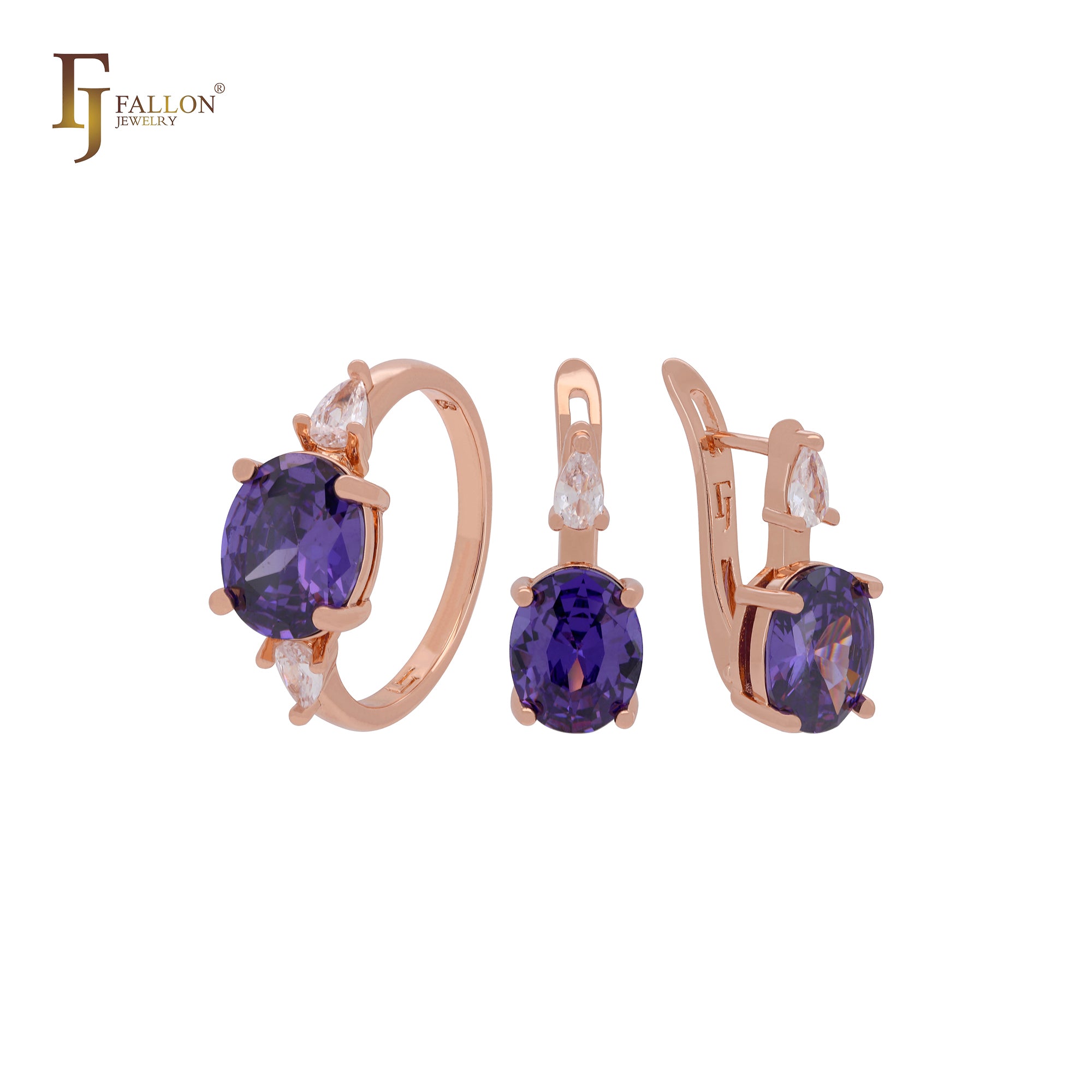 Großes Solitär-Schmuckset aus Roségold mit lila Zirkonia und weißen Zirkoniasteinen und Ringen