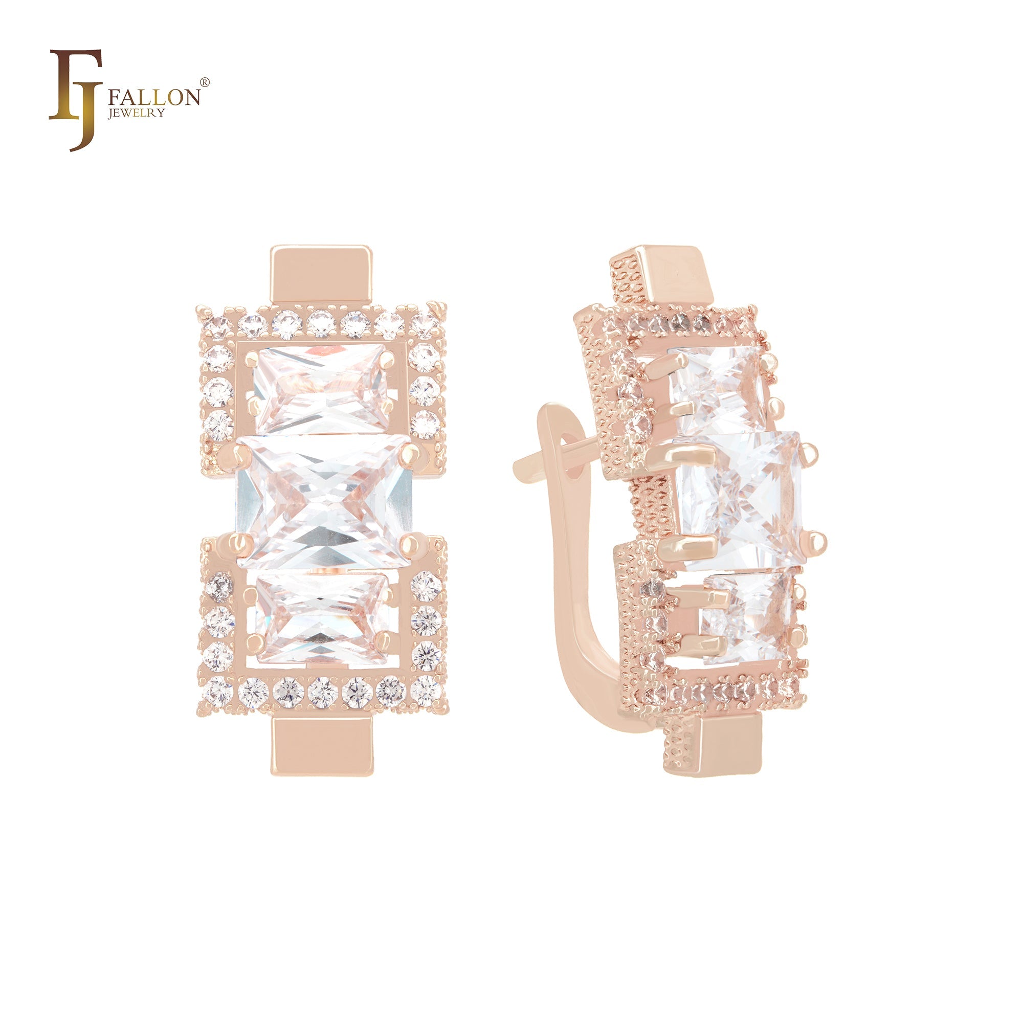 Triple baguette lake blue CZs cluster 14K Gold, Rose Gold Russian Lock Earrings