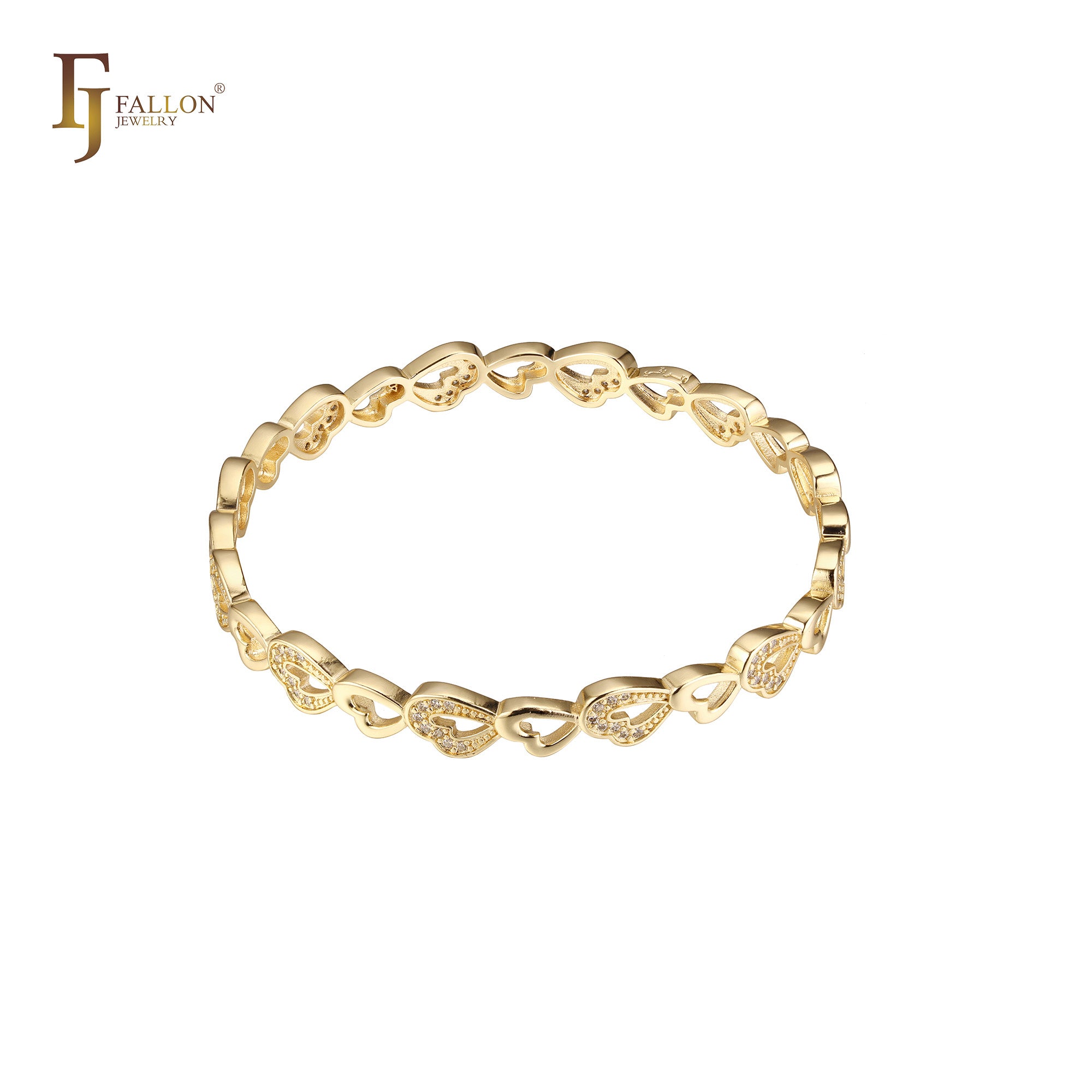 Heart and Heart cluster white CZs mixed 14K Gold Bangle