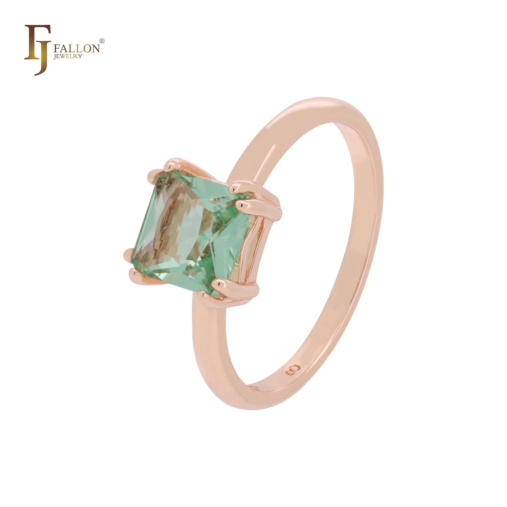 Anillos de compromiso solitarios de oro rosa con circonita cúbica y corte cojín verde manzana